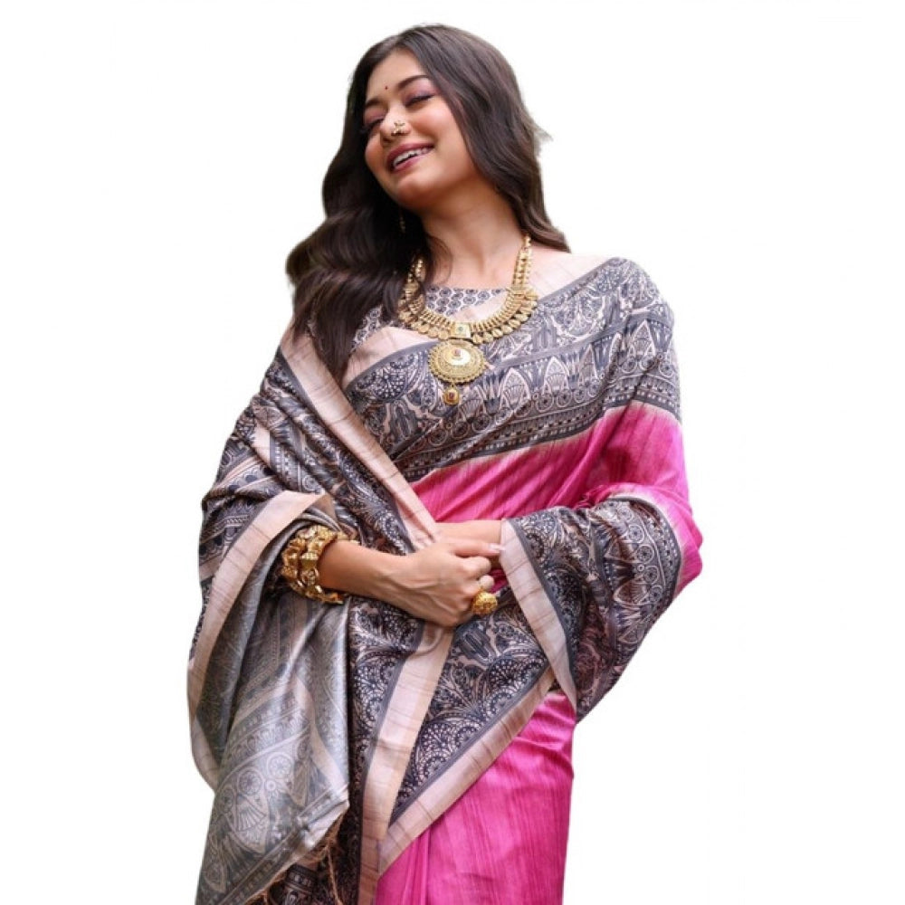 Generic Women's Faux_Tussar Ethnic_Print Saree With Unstitched Blouse 5.5MtrÂ (Pink)