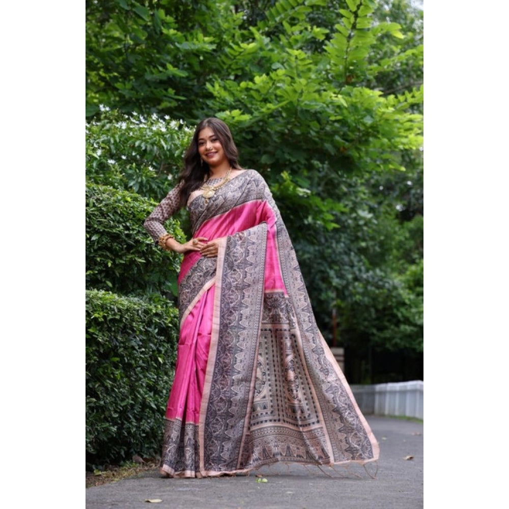 Generic Women's Faux_Tussar Ethnic_Print Saree With Unstitched Blouse 5.5MtrÂ (Pink)