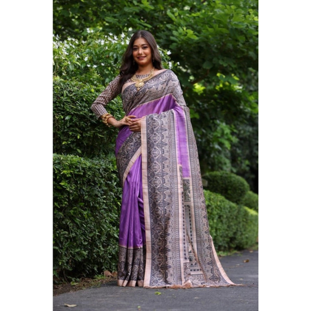 Generic Women's Faux_Tussar Ethnic_Print Saree With Unstitched Blouse 5.5MtrÂ (Purple)