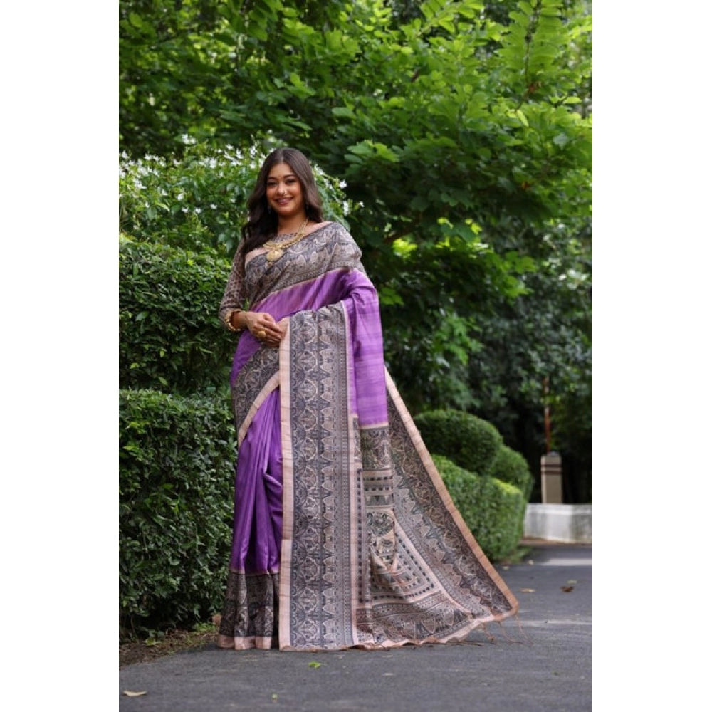 Generic Women's Faux_Tussar Ethnic_Print Saree With Unstitched Blouse 5.5MtrÂ (Purple)