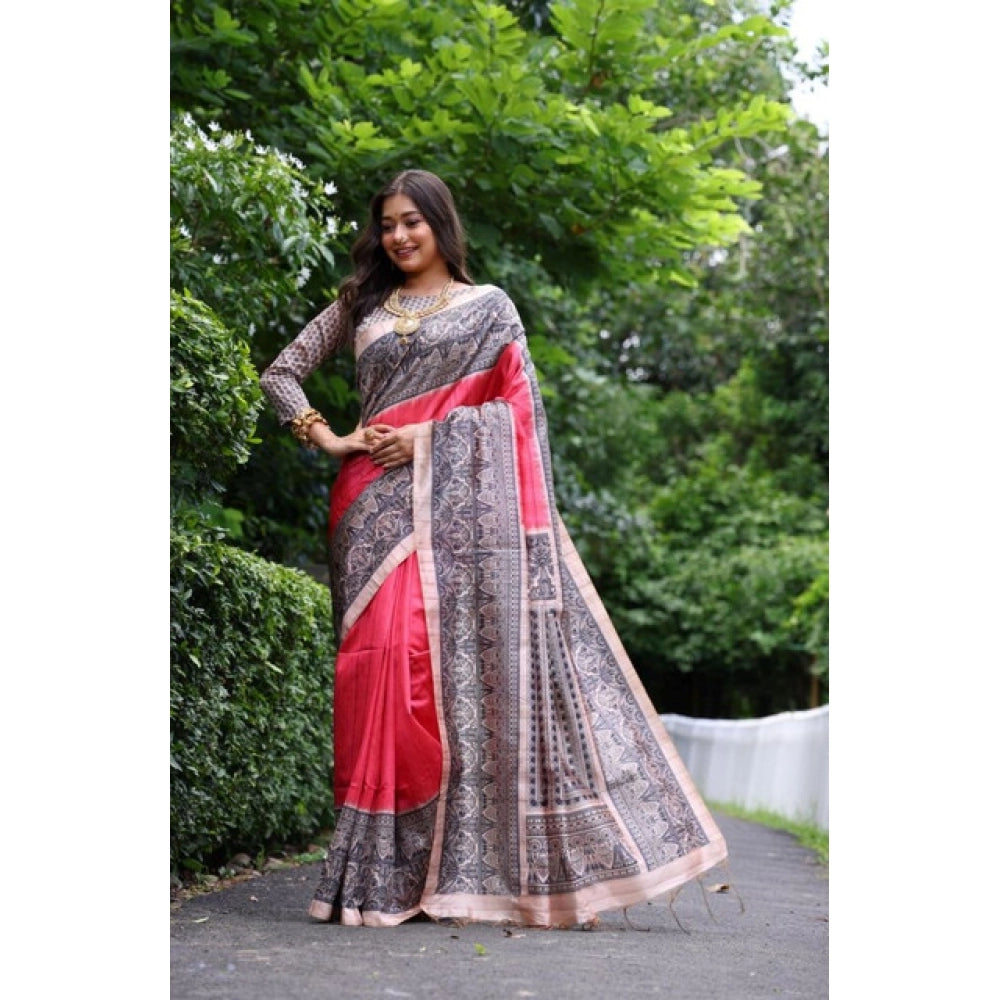 Generic Women's Faux_Tussar Ethnic_Print Saree With Unstitched Blouse 5.5MtrÂ (Red)