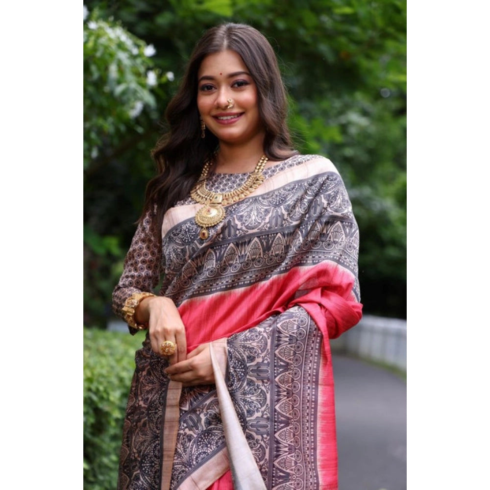 Generic Women's Faux_Tussar Ethnic_Print Saree With Unstitched Blouse 5.5MtrÂ (Red)