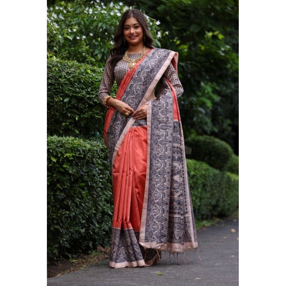 Generic Women's Faux_Tussar Ethnic_Print Saree With Unstitched Blouse 5.5MtrÂ (Rust)