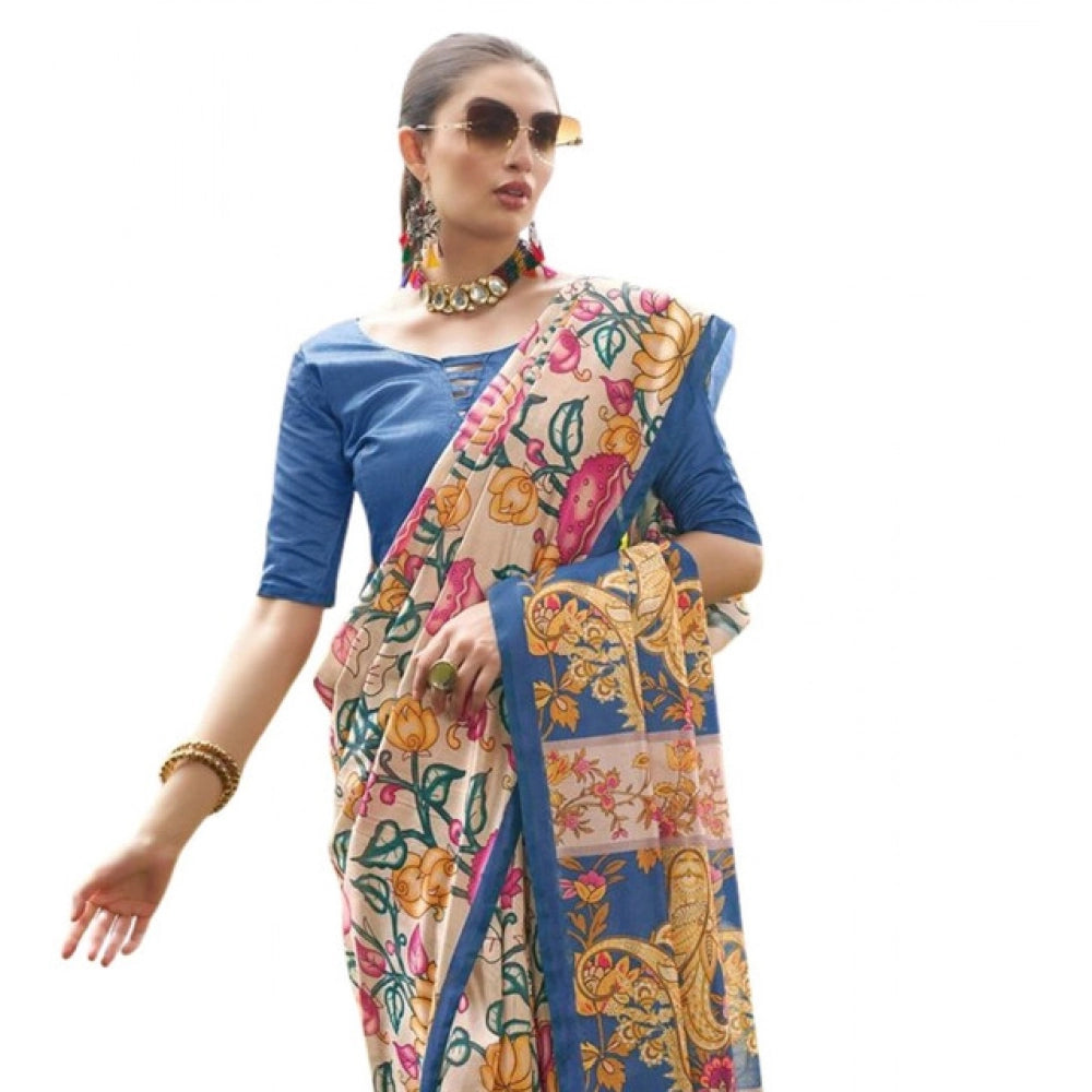 Generic Women's Faux_Tussar Kalamkari_Print Saree With Unstitched Blouse 5.5MtrÂ (Blue)