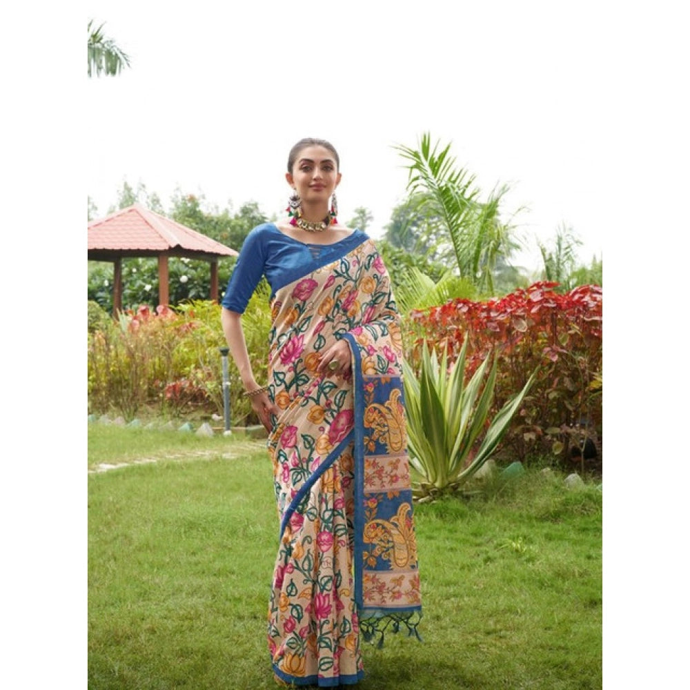 Generic Women's Faux_Tussar Kalamkari_Print Saree With Unstitched Blouse 5.5MtrÂ (Blue)