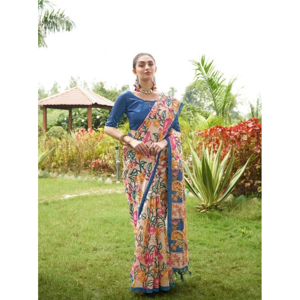 Generic Women's Faux_Tussar Kalamkari_Print Saree With Unstitched Blouse 5.5MtrÂ (Blue)