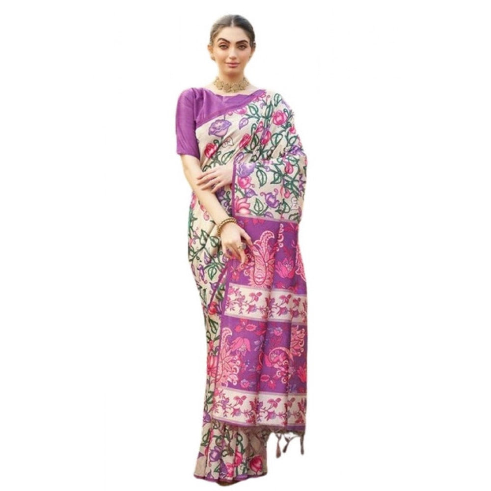 Generic Women's Faux_Tussar Kalamkari_Print Saree With Unstitched Blouse 5.5MtrÂ (Purple)