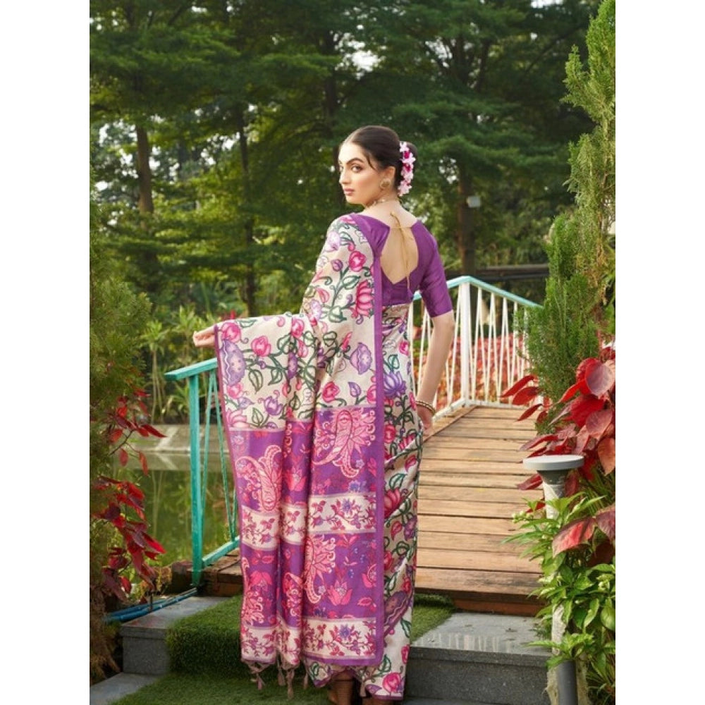Generic Women's Faux_Tussar Kalamkari_Print Saree With Unstitched Blouse 5.5MtrÂ (Purple)