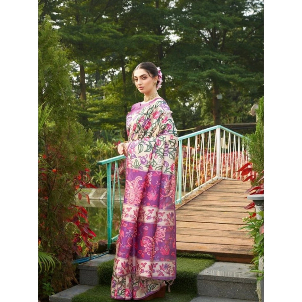 Generic Women's Faux_Tussar Kalamkari_Print Saree With Unstitched Blouse 5.5MtrÂ (Purple)