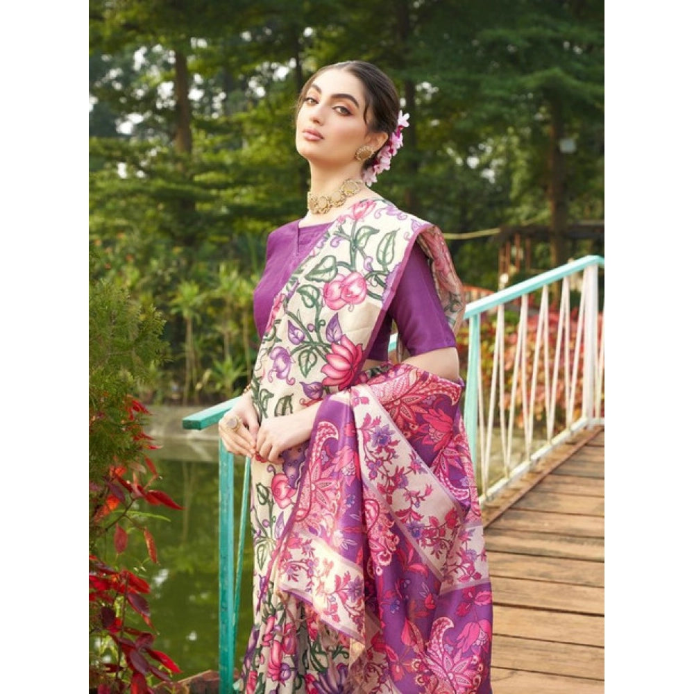 Generic Women's Faux_Tussar Kalamkari_Print Saree With Unstitched Blouse 5.5MtrÂ (Purple)