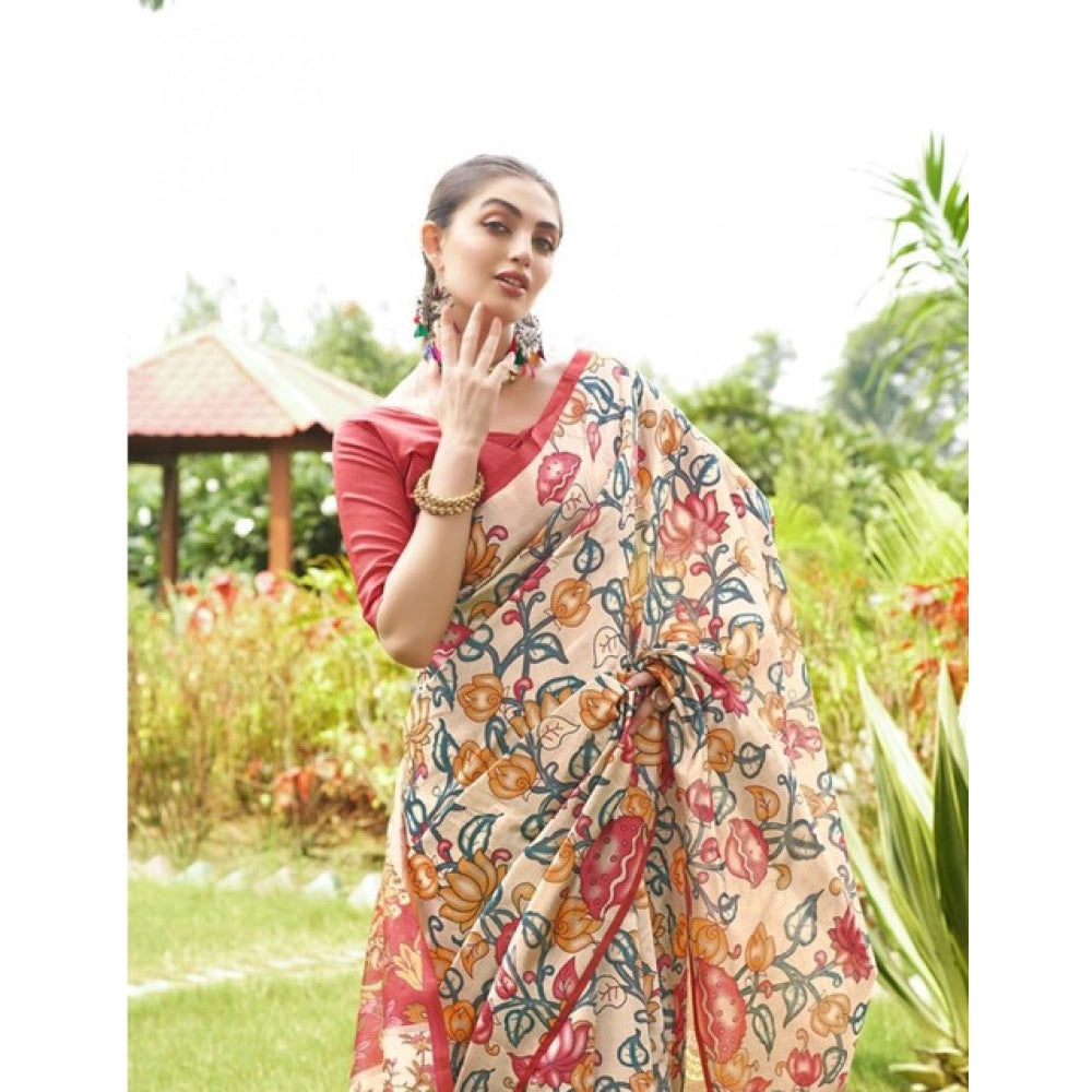 Generic Women's Faux_Tussar Kalamkari_Print Saree With Unstitched Blouse 5.5MtrÂ (Red)