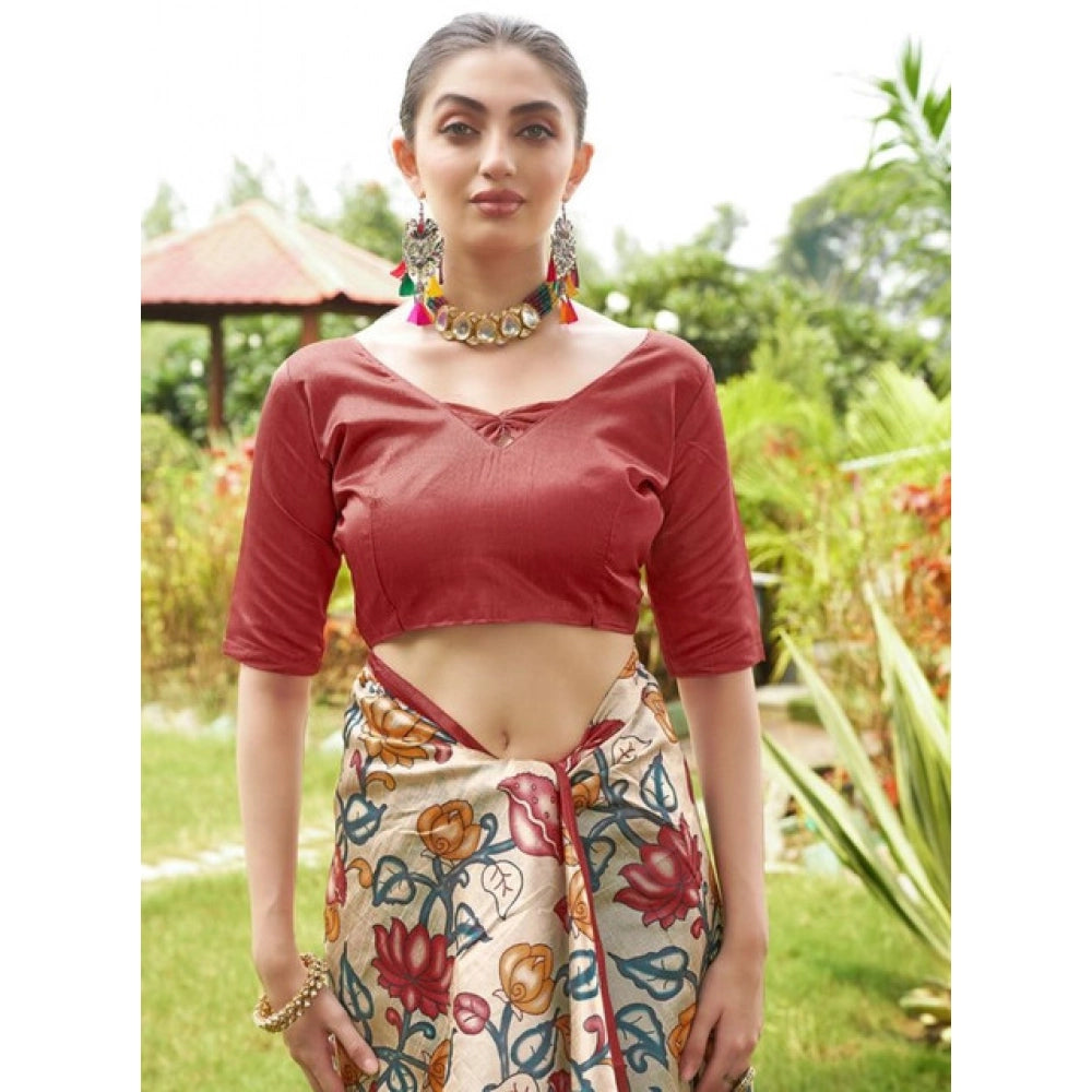 Generic Women's Faux_Tussar Kalamkari_Print Saree With Unstitched Blouse 5.5MtrÂ (Red)