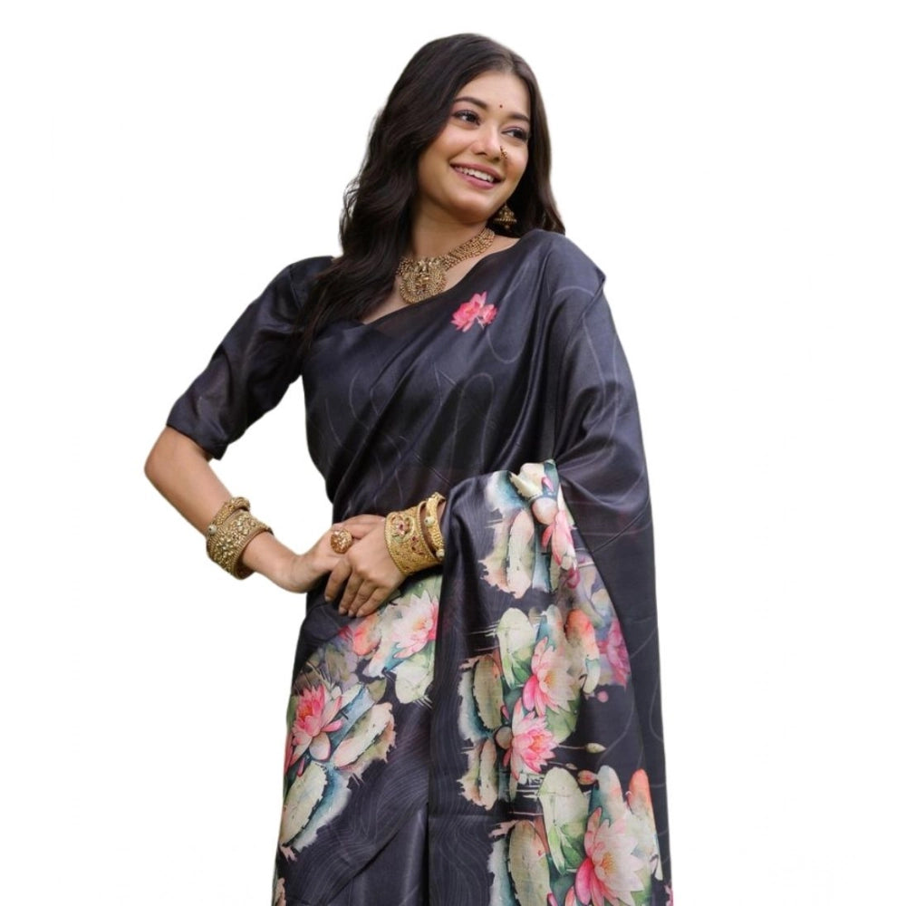 Generic Women's Faux_Tussar Floral Saree With Unstitched Blouse 5.5MtrÂ (Black)
