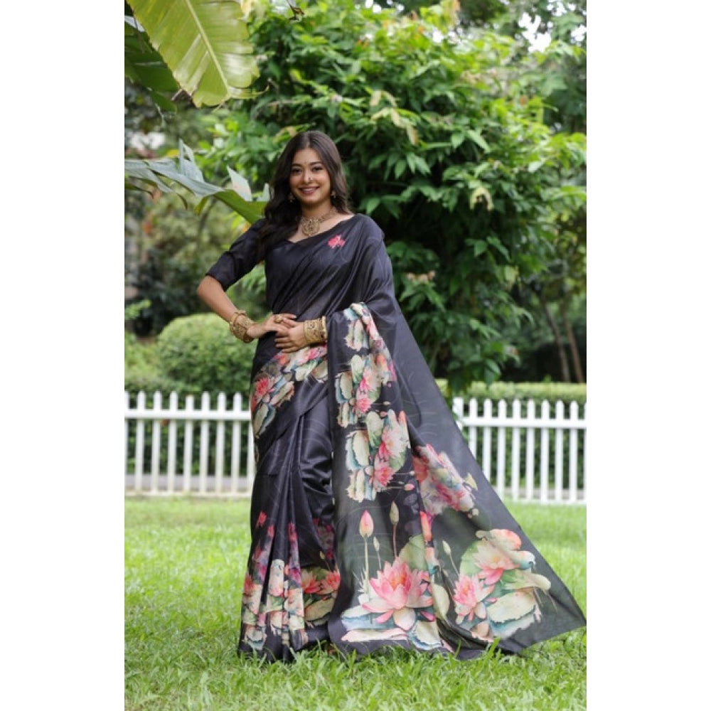 Generic Women's Faux_Tussar Floral Saree With Unstitched Blouse 5.5MtrÂ (Black)