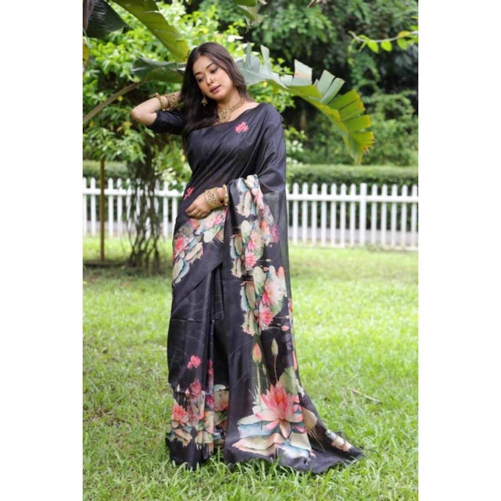 Generic Women's Faux_Tussar Floral Saree With Unstitched Blouse 5.5MtrÂ (Black)