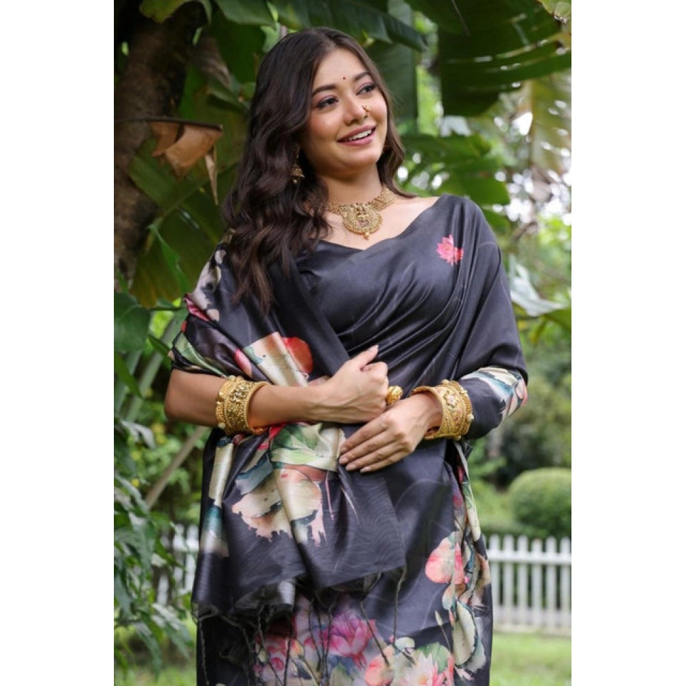 Generic Women's Faux_Tussar Floral Saree With Unstitched Blouse 5.5MtrÂ (Black)