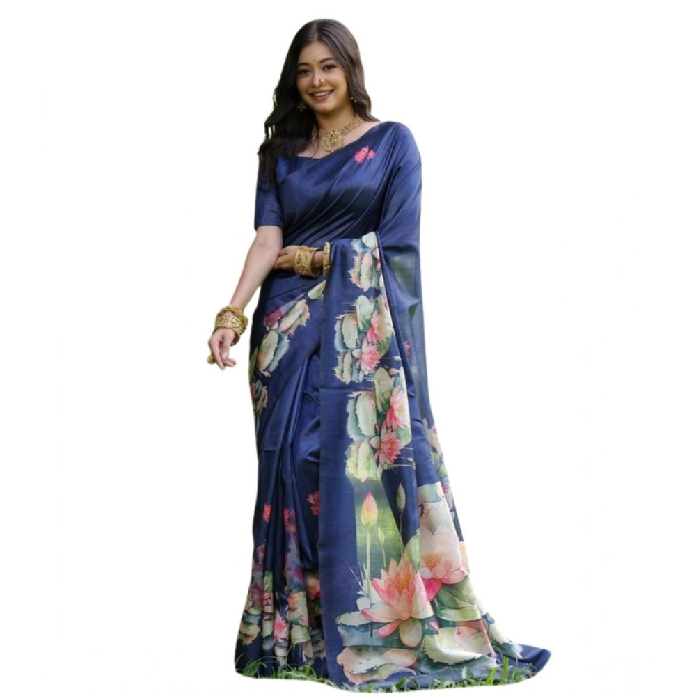 Generic Women's Faux_Tussar Floral Saree With Unstitched Blouse 5.5MtrÂ (Navy_Blue)
