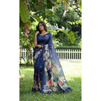 Generic Women's Faux_Tussar Floral Saree With Unstitched Blouse 5.5MtrÂ (Navy_Blue)