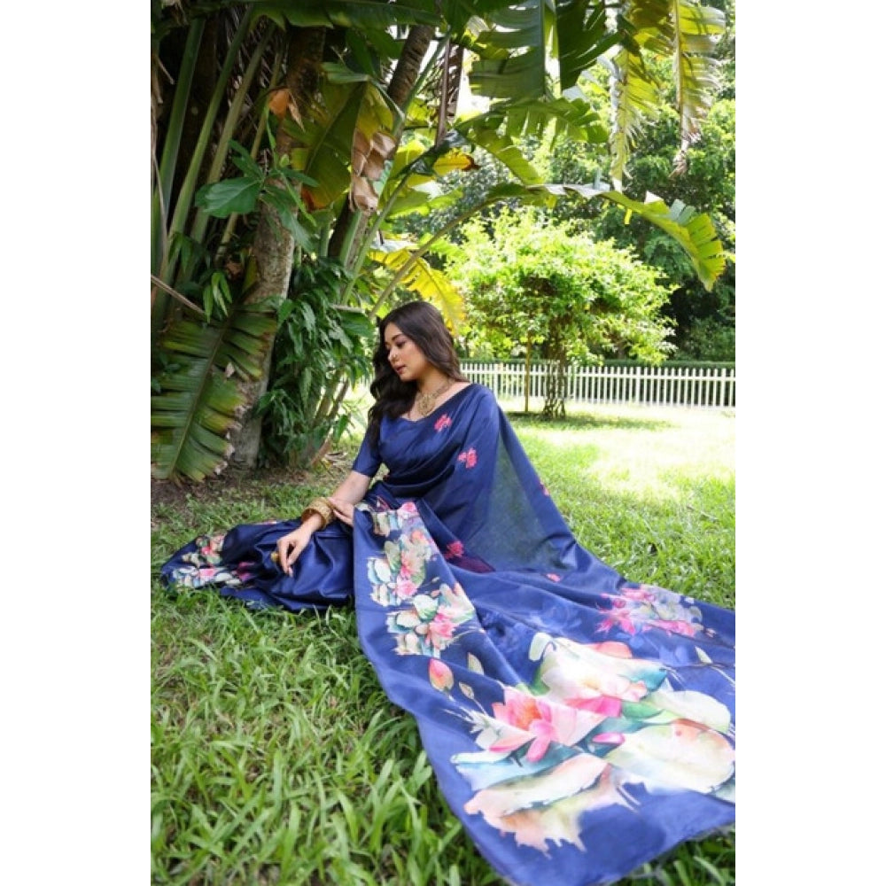 Generic Women's Faux_Tussar Floral Saree With Unstitched Blouse 5.5MtrÂ (Navy_Blue)
