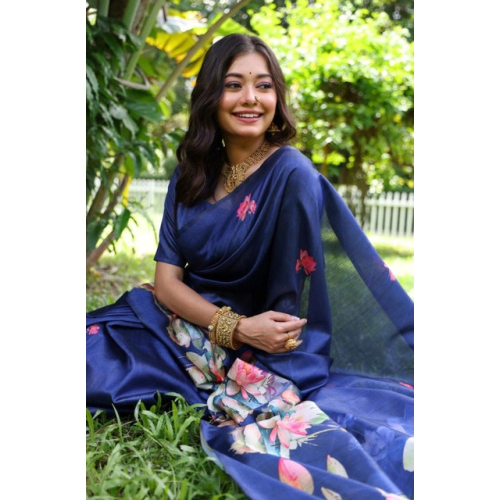 Generic Women's Faux_Tussar Floral Saree With Unstitched Blouse 5.5MtrÂ (Navy_Blue)