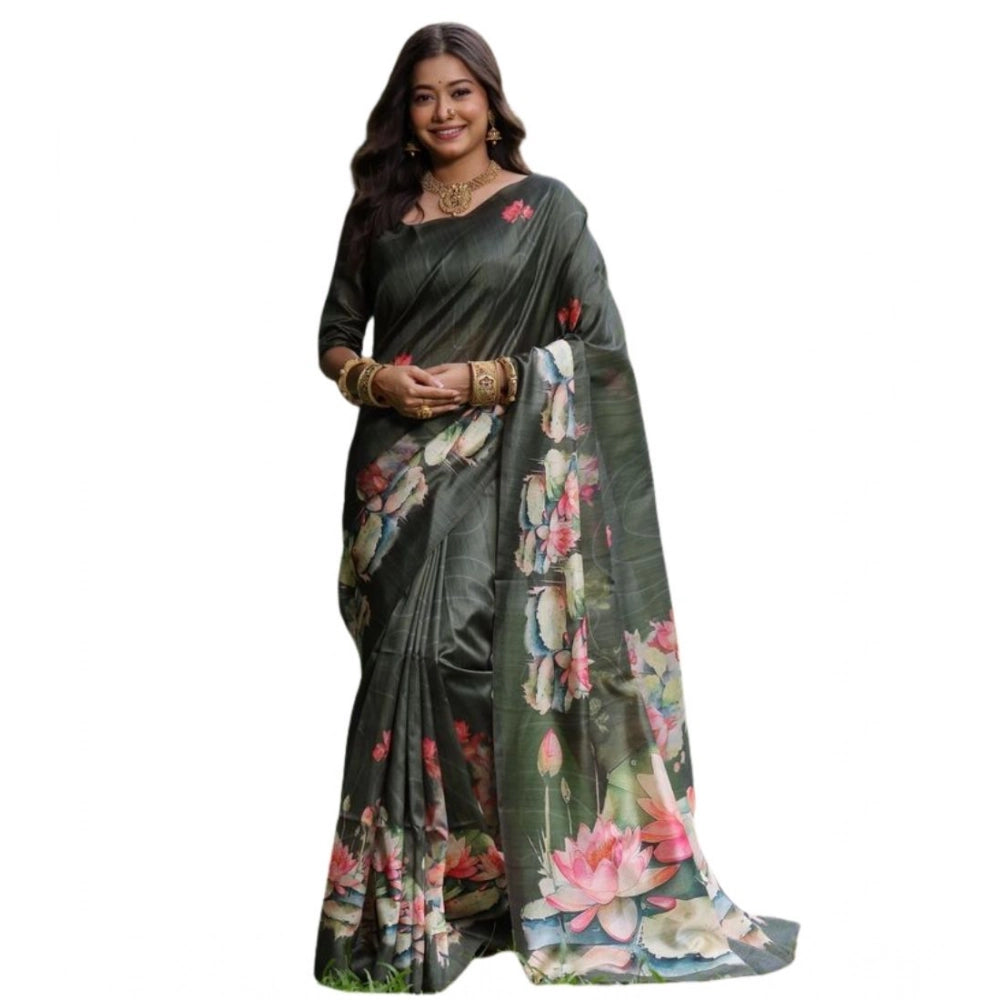Generic Women's Faux_Tussar Floral Saree With Unstitched Blouse 5.5MtrÂ (Olive)