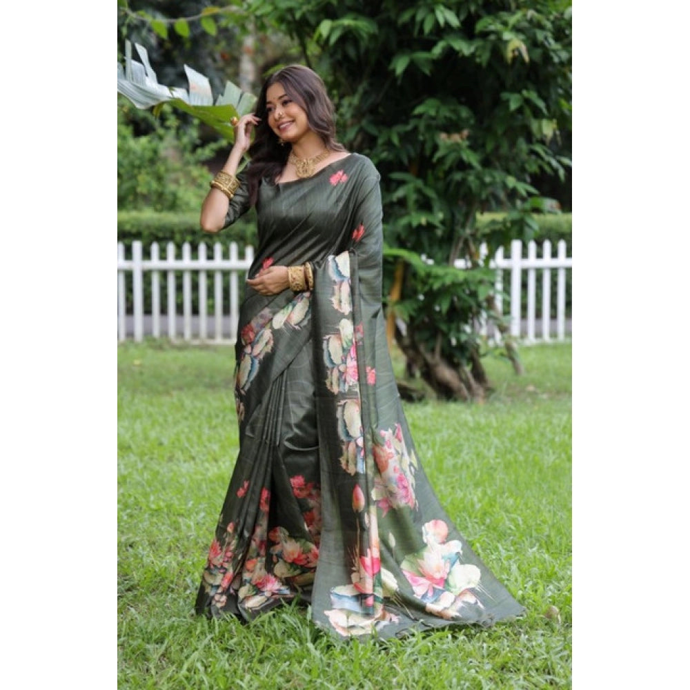 Generic Women's Faux_Tussar Floral Saree With Unstitched Blouse 5.5MtrÂ (Olive)