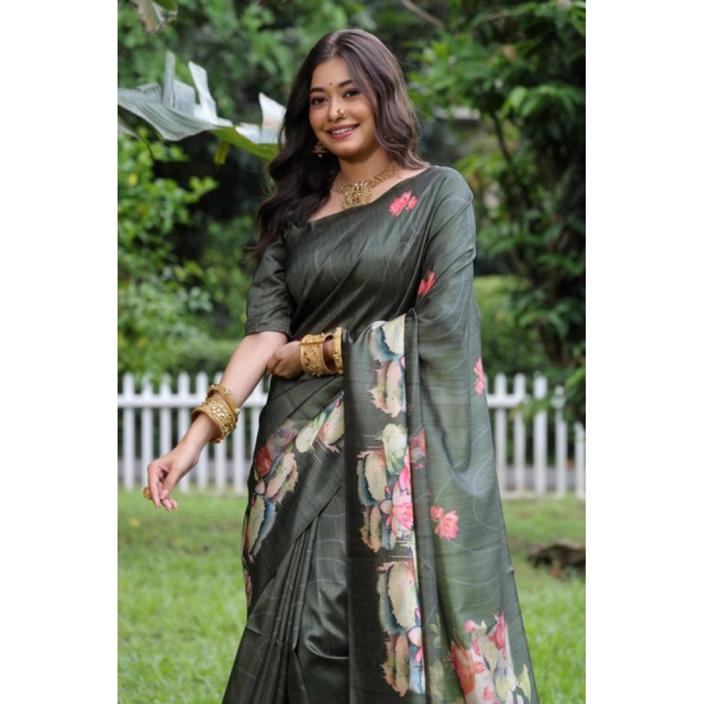 Generic Women's Faux_Tussar Floral Saree With Unstitched Blouse 5.5MtrÂ (Olive)