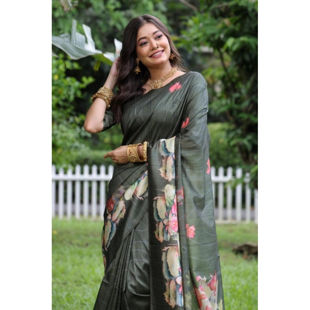 Generic Women's Faux_Tussar Floral Saree With Unstitched Blouse 5.5MtrÂ (Olive)