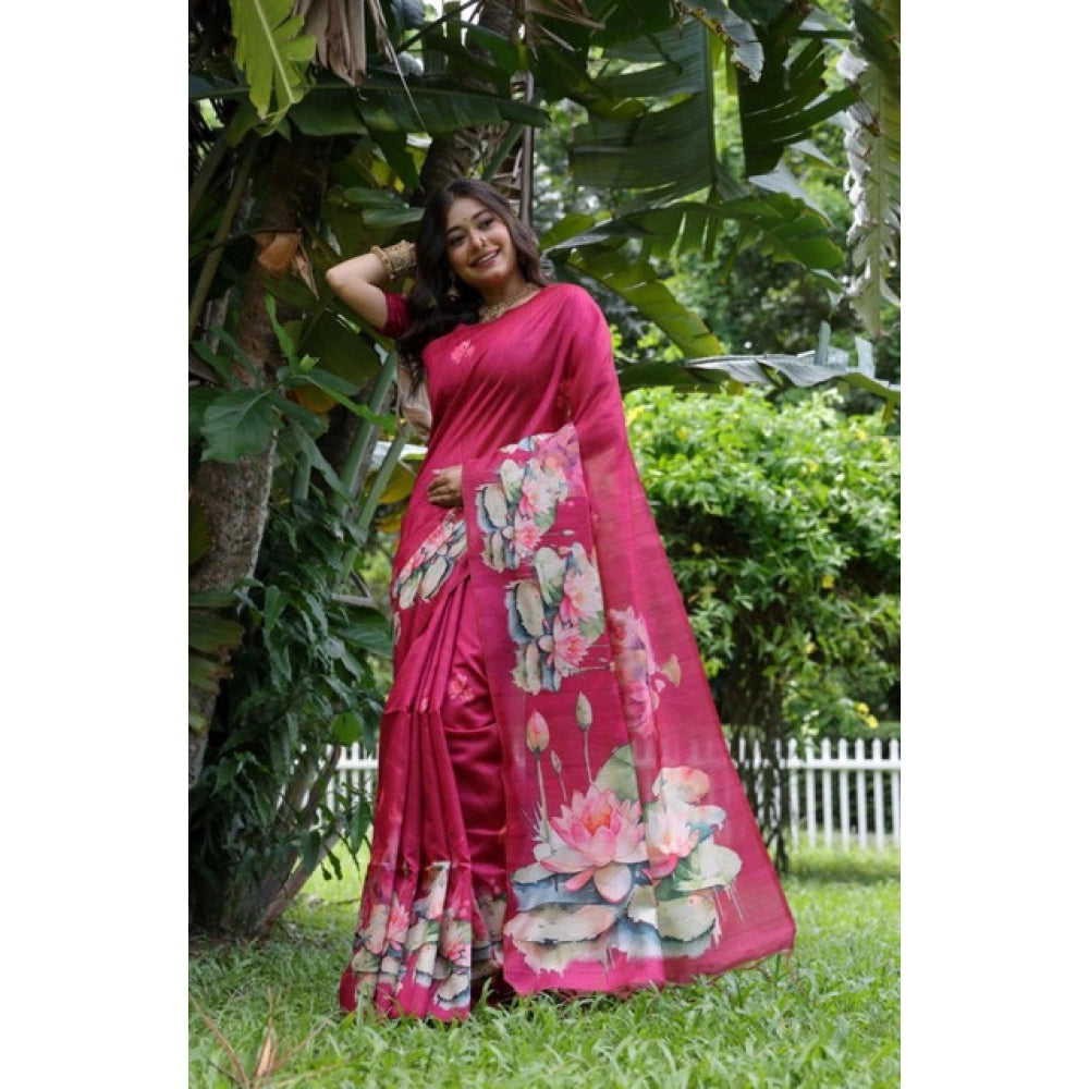 Generic Women's Faux_Tussar Floral Saree With Unstitched Blouse 5.5MtrÂ (Pink)