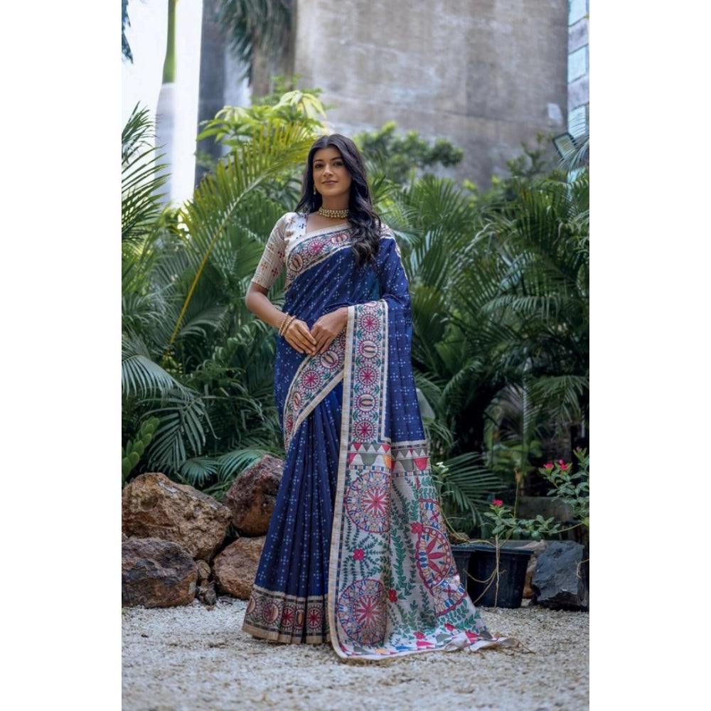 Generic Women's Faux_Tussar Geometric_Print Saree With Unstitched Blouse 5.5MtrÂ (Blue)