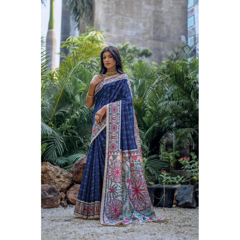 Generic Women's Faux_Tussar Geometric_Print Saree With Unstitched Blouse 5.5MtrÂ (Blue)