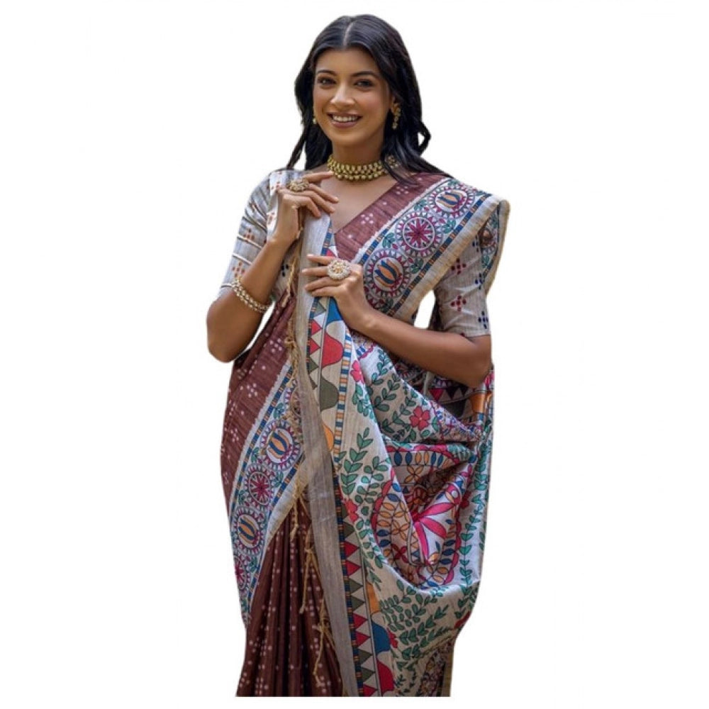 Generic Women's Faux_Tussar Geometric_Print Saree With Unstitched Blouse 5.5MtrÂ (Coffee)
