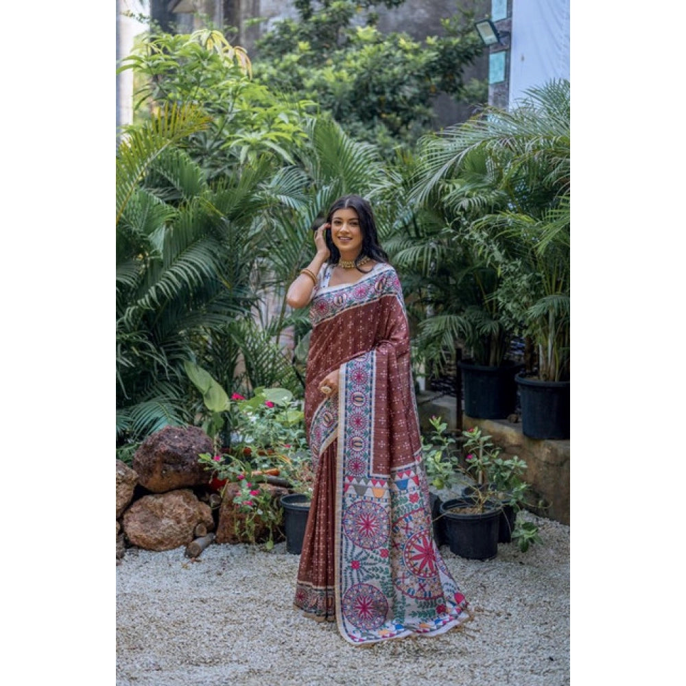 Generic Women's Faux_Tussar Geometric_Print Saree With Unstitched Blouse 5.5MtrÂ (Coffee)
