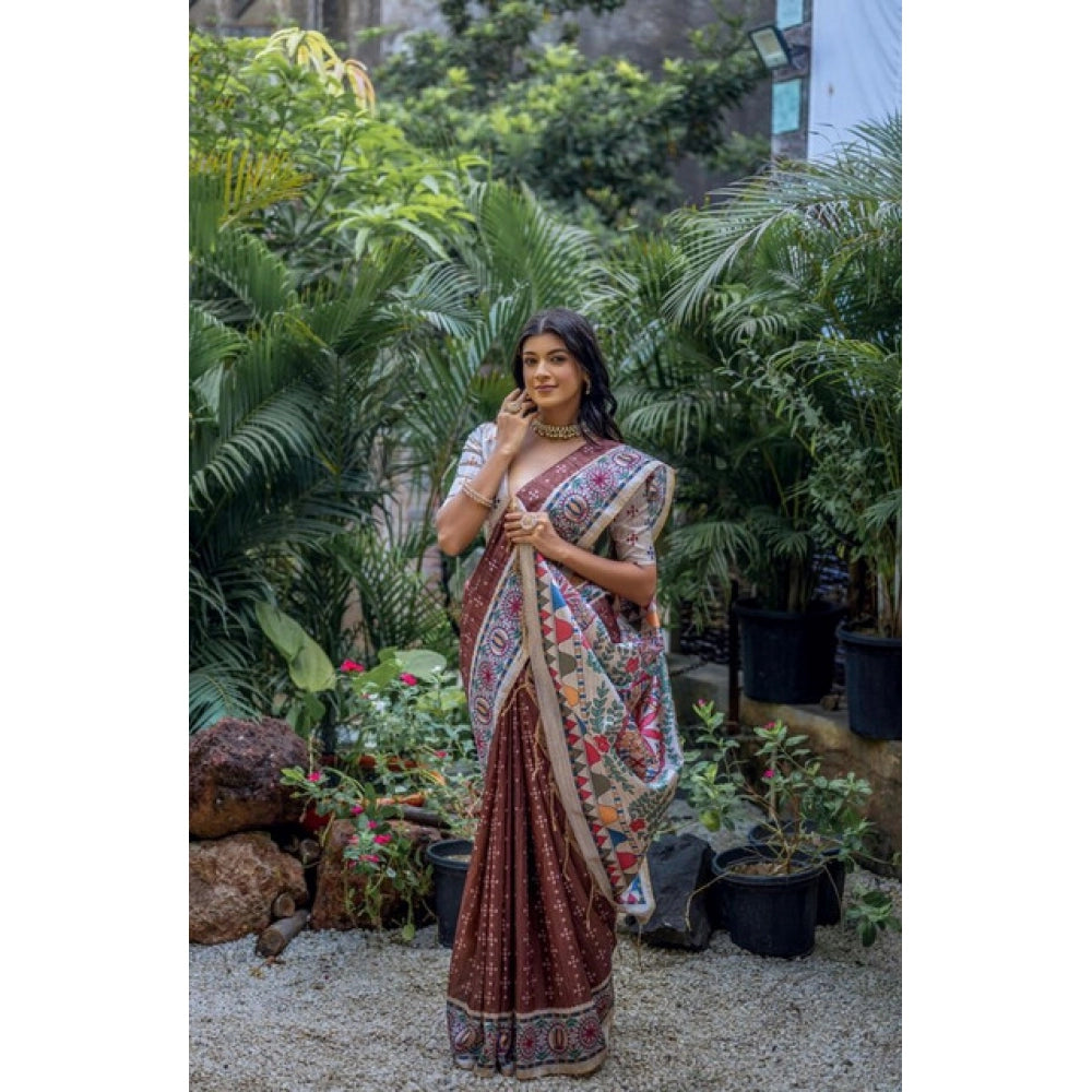 Generic Women's Faux_Tussar Geometric_Print Saree With Unstitched Blouse 5.5MtrÂ (Coffee)
