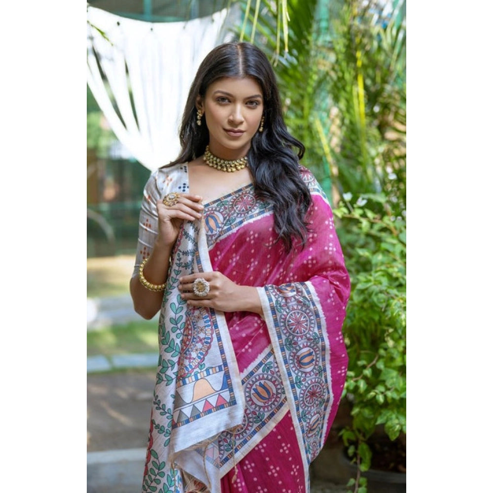 Generic Women's Faux_Tussar Geometric_Print Saree With Unstitched Blouse 5.5MtrÂ (Pink)