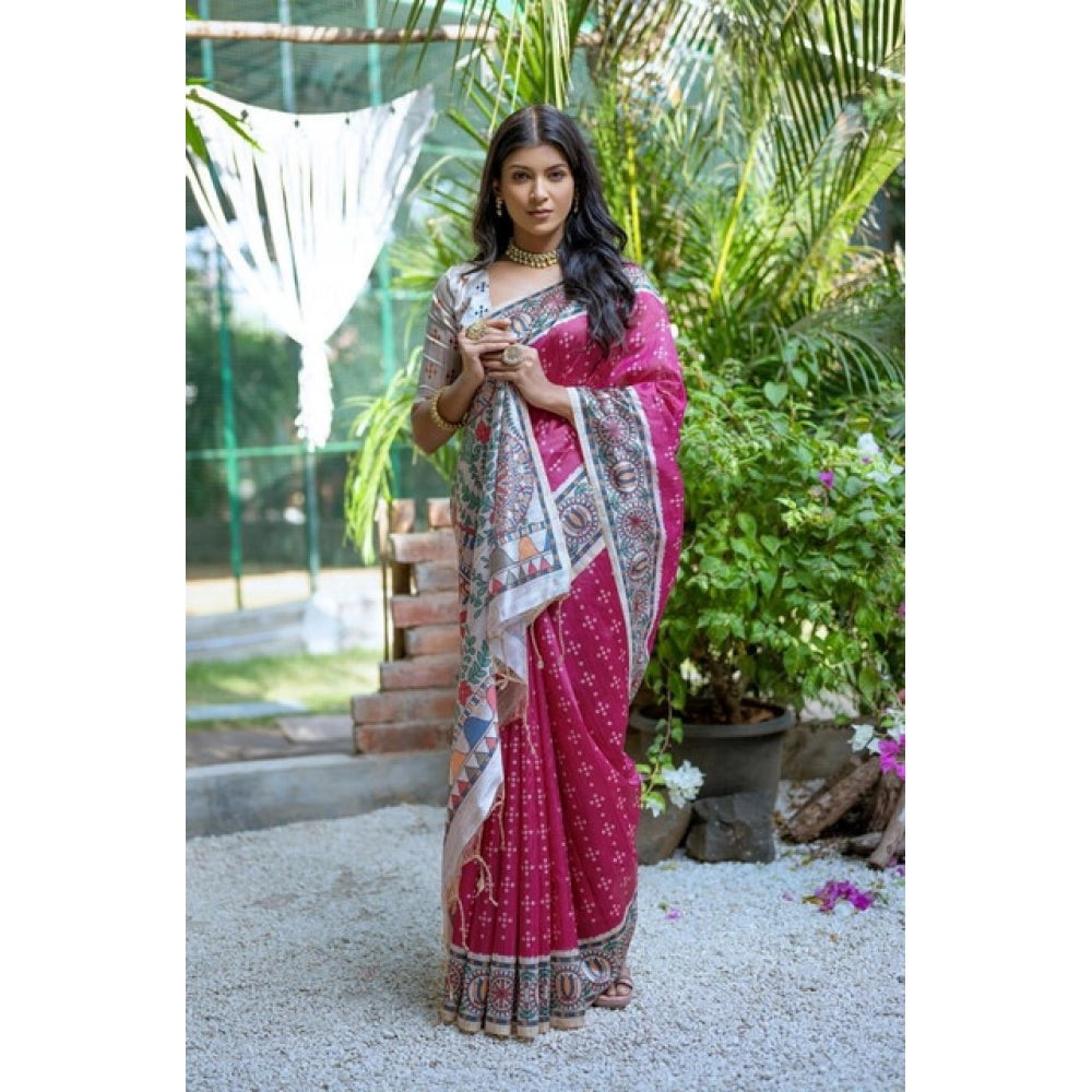 Generic Women's Faux_Tussar Geometric_Print Saree With Unstitched Blouse 5.5MtrÂ (Pink)