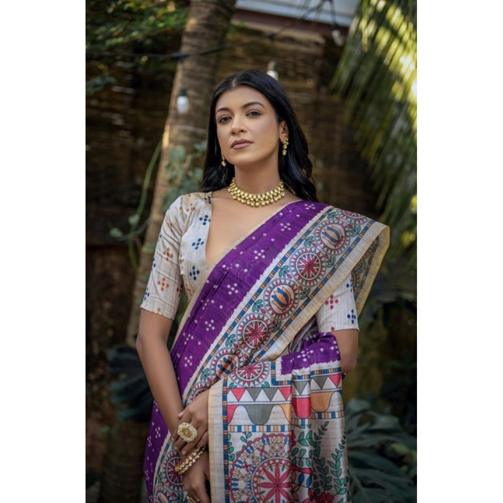 Generic Women's Faux_Tussar Geometric_Print Saree With Unstitched Blouse 5.5MtrÂ (Purple)