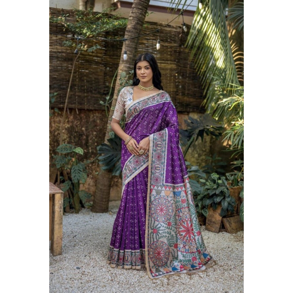 Generic Women's Faux_Tussar Geometric_Print Saree With Unstitched Blouse 5.5MtrÂ (Purple)