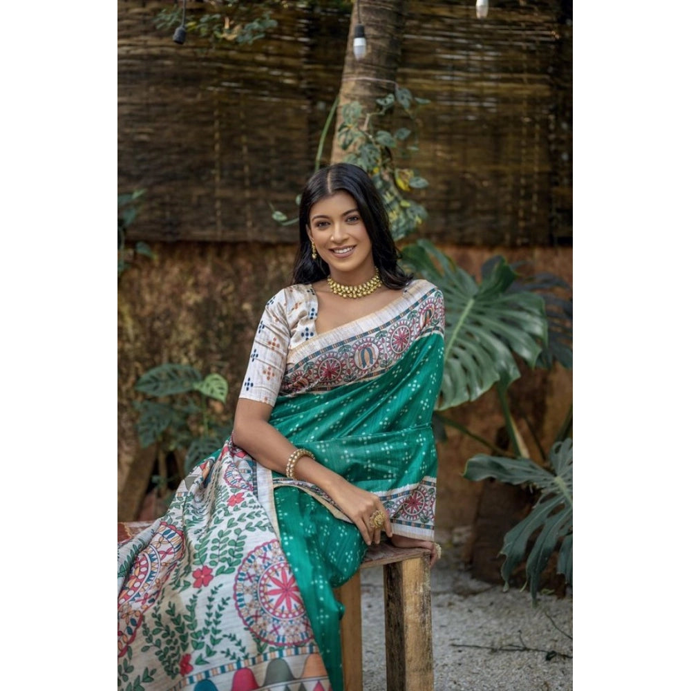 Generic Women's Faux_Tussar Geometric_Print Saree With Unstitched Blouse 5.5MtrÂ (Rama_Green)