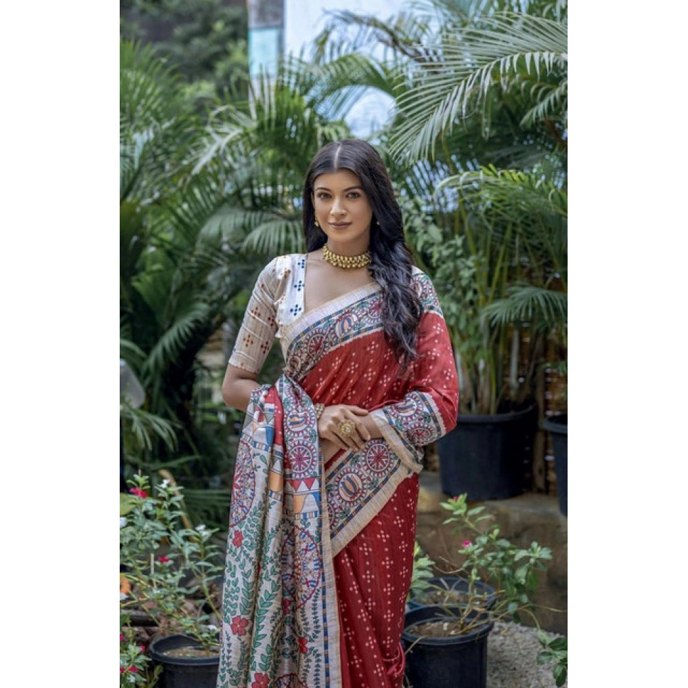 Generic Women's Faux_Tussar Geometric_Print Saree With Unstitched Blouse 5.5MtrÂ (Red)