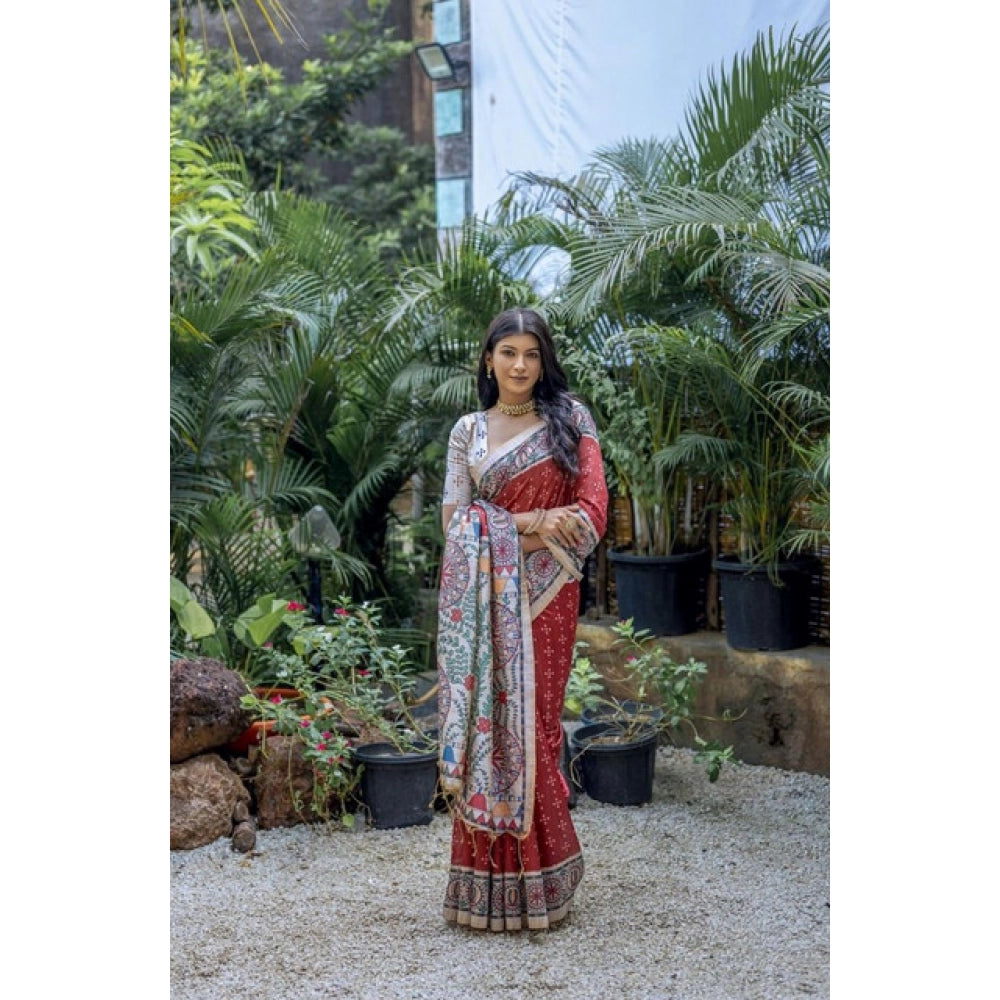 Generic Women's Faux_Tussar Geometric_Print Saree With Unstitched Blouse 5.5MtrÂ (Red)