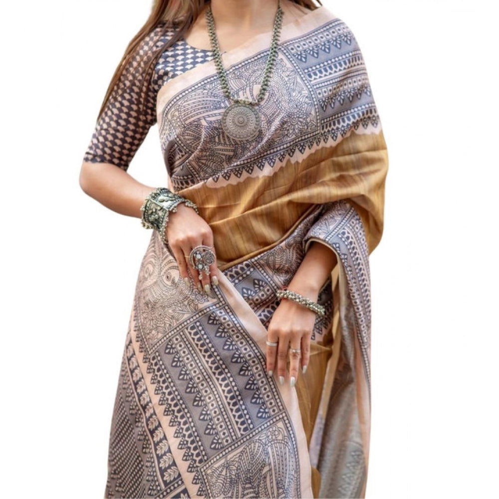 Generic Women's Faux_Tussar Geometric_Print Saree With Unstitched Blouse 5.5MtrÂ (Mustard)