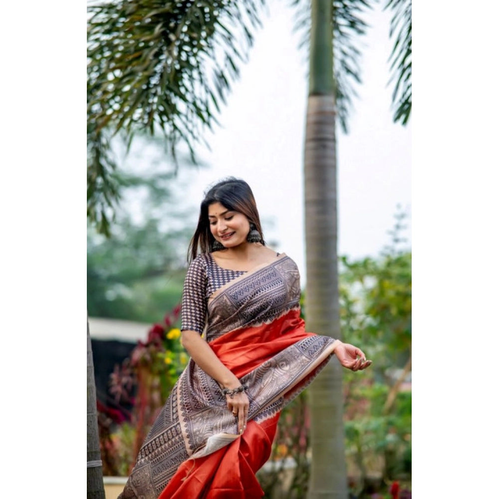 Generic Women's Faux_Tussar Geometric_Print Saree With Unstitched Blouse 5.5MtrÂ (Orange)