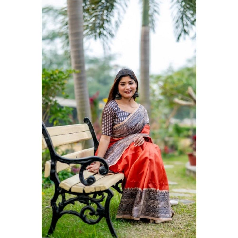 Generic Women's Faux_Tussar Geometric_Print Saree With Unstitched Blouse 5.5MtrÂ (Orange)
