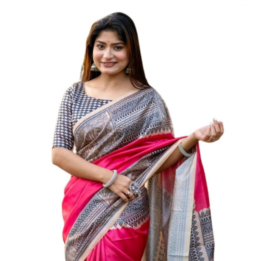 Generic Women's Faux_Tussar Geometric_Print Saree With Unstitched Blouse 5.5MtrÂ (Pink)