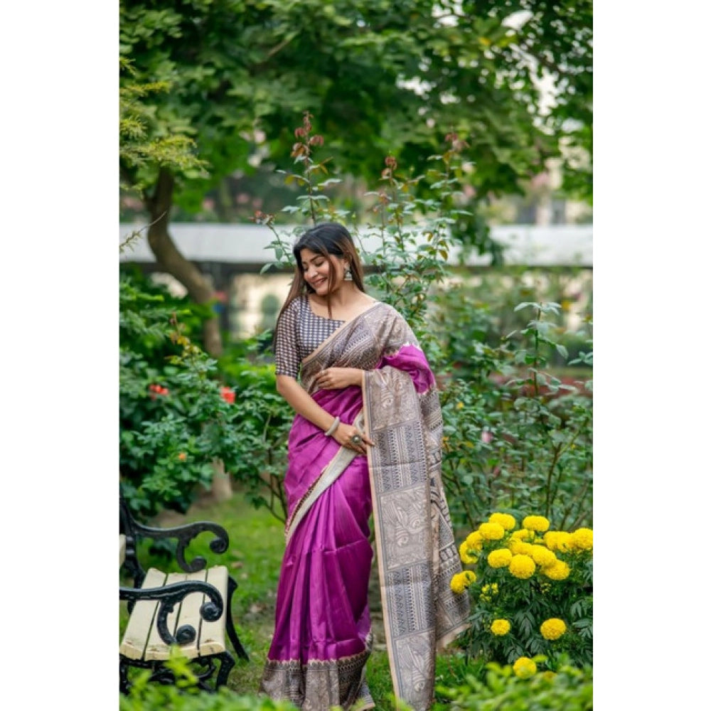 Generic Women's Faux_Tussar Geometric_Print Saree With Unstitched Blouse 5.5MtrÂ (Purple)