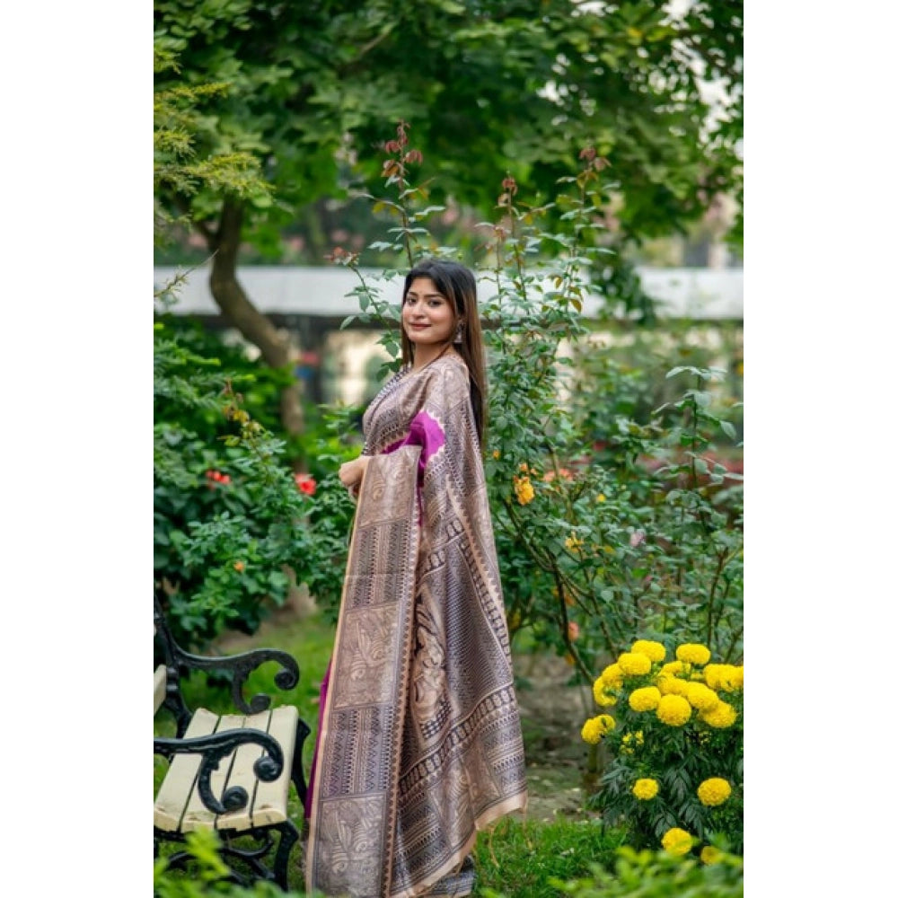 Generic Women's Faux_Tussar Geometric_Print Saree With Unstitched Blouse 5.5MtrÂ (Purple)