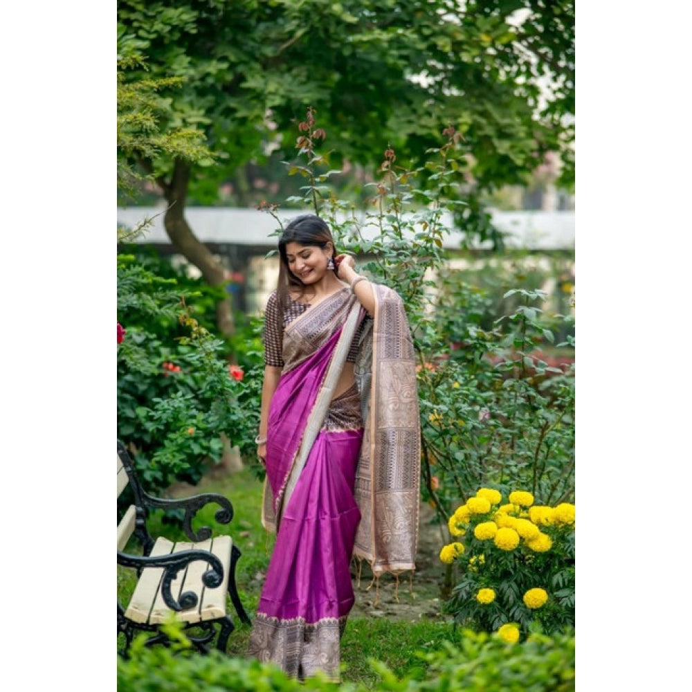 Generic Women's Faux_Tussar Geometric_Print Saree With Unstitched Blouse 5.5MtrÂ (Purple)