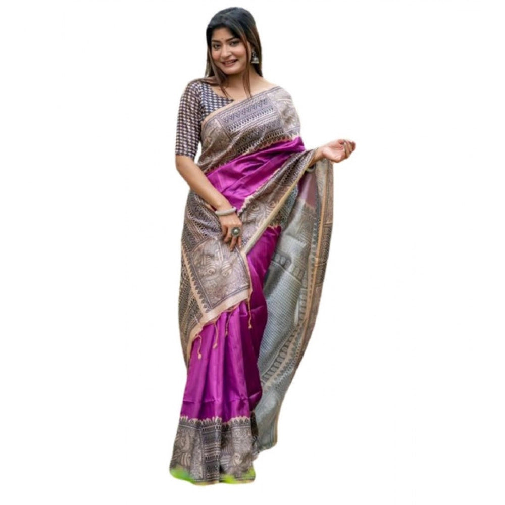 Generic Women's Faux_Tussar Geometric_Print Saree With Unstitched Blouse 5.5MtrÂ (Purple)