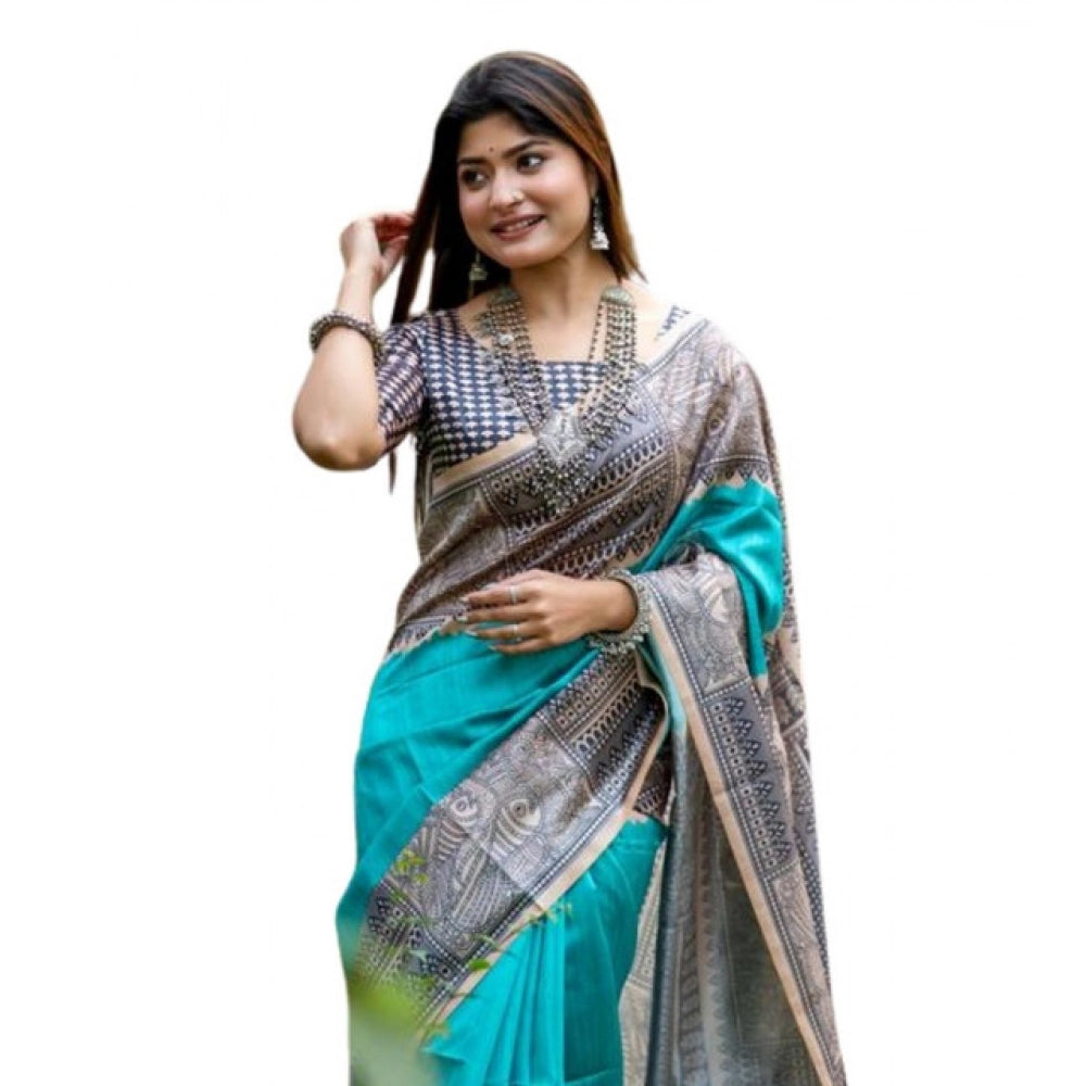 Generic Women's Faux_Tussar Geometric_Print Saree With Unstitched Blouse 5.5MtrÂ (Rama_Green)